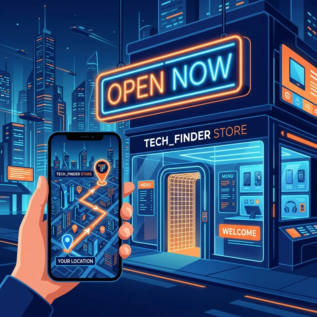 Glowing Open Now Neon Sign on Virtual Map